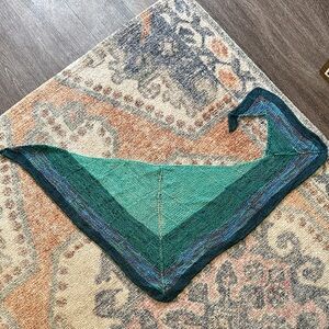 Handmade Triangular Knit Shawl in Green and Blue